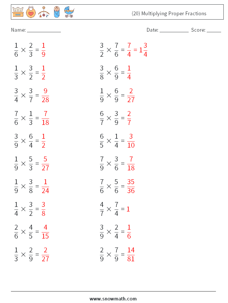 (20) Multiplying Proper Fractions Math Worksheets 7 Question, Answer