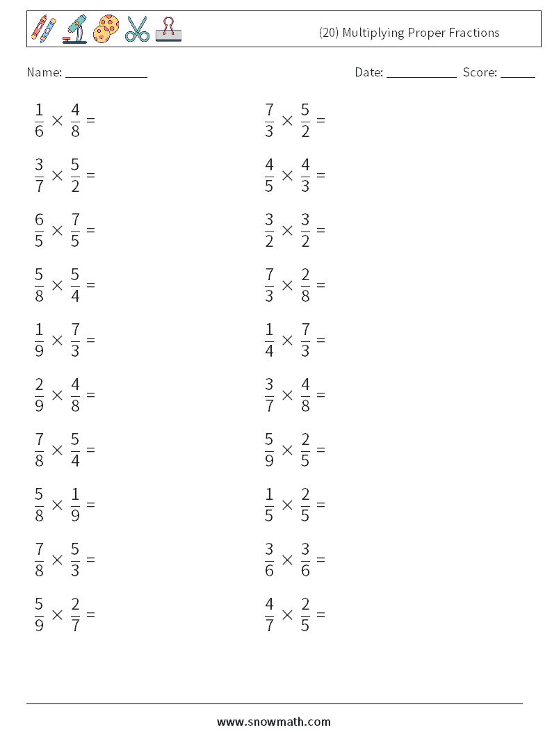 (20) Multiplying Proper Fractions Math Worksheets 8