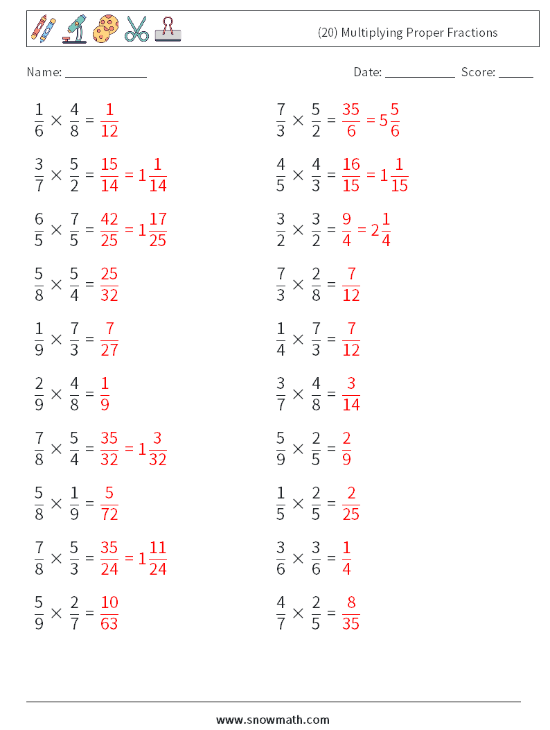 (20) Multiplying Proper Fractions Math Worksheets 8 Question, Answer