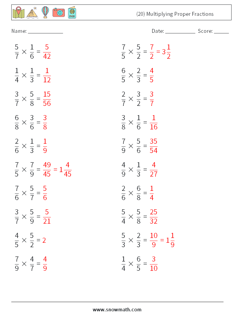 (20) Multiplying Proper Fractions Math Worksheets 9 Question, Answer