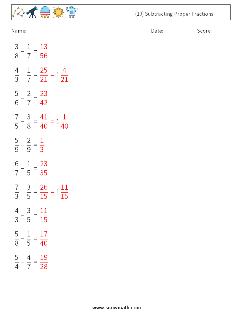 (10) Subtracting Proper Fractions Math Worksheets 10 Question, Answer