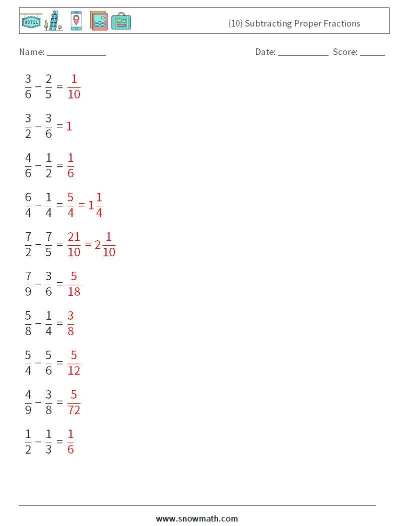 (10) Subtracting Proper Fractions Math Worksheets 11 Question, Answer