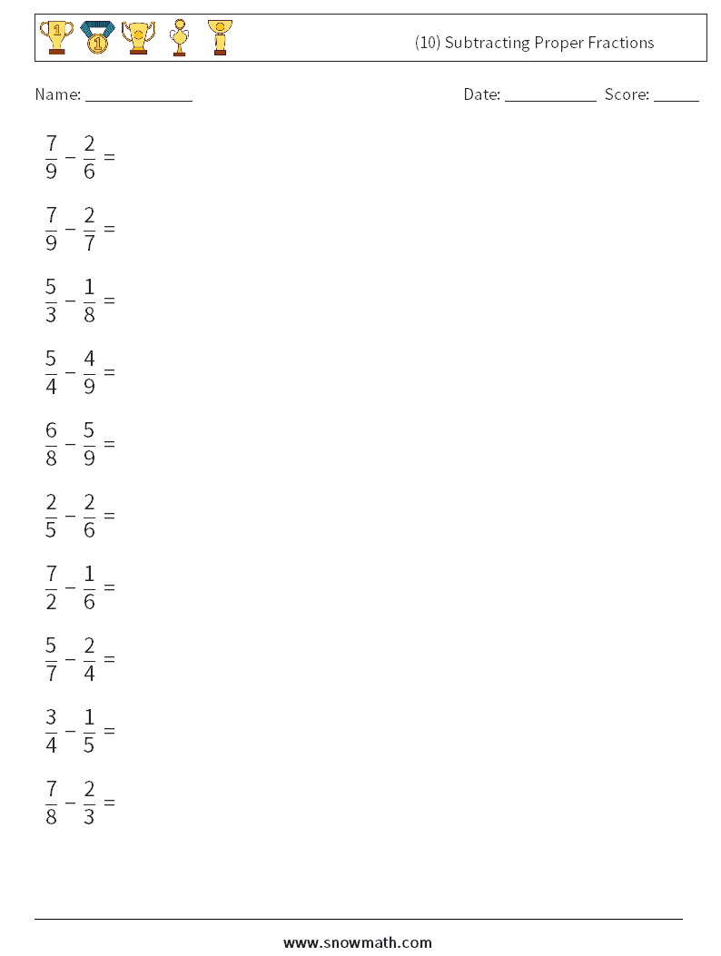 (10) Subtracting Proper Fractions Math Worksheets 12