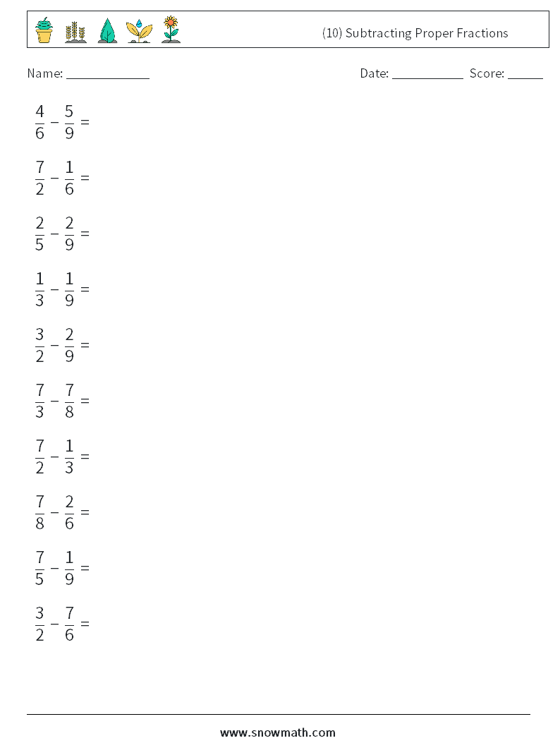 (10) Subtracting Proper Fractions Math Worksheets 13