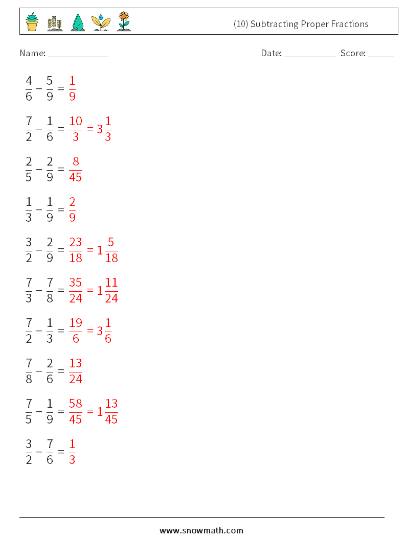 (10) Subtracting Proper Fractions Math Worksheets 13 Question, Answer