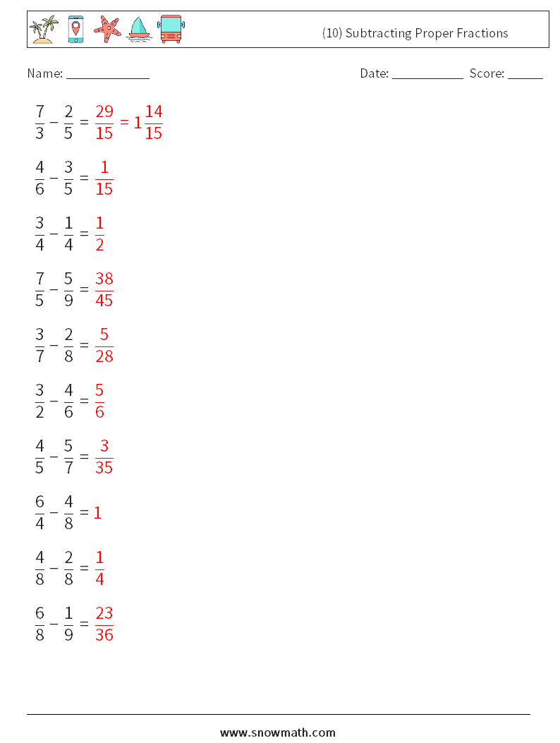 (10) Subtracting Proper Fractions Math Worksheets 14 Question, Answer