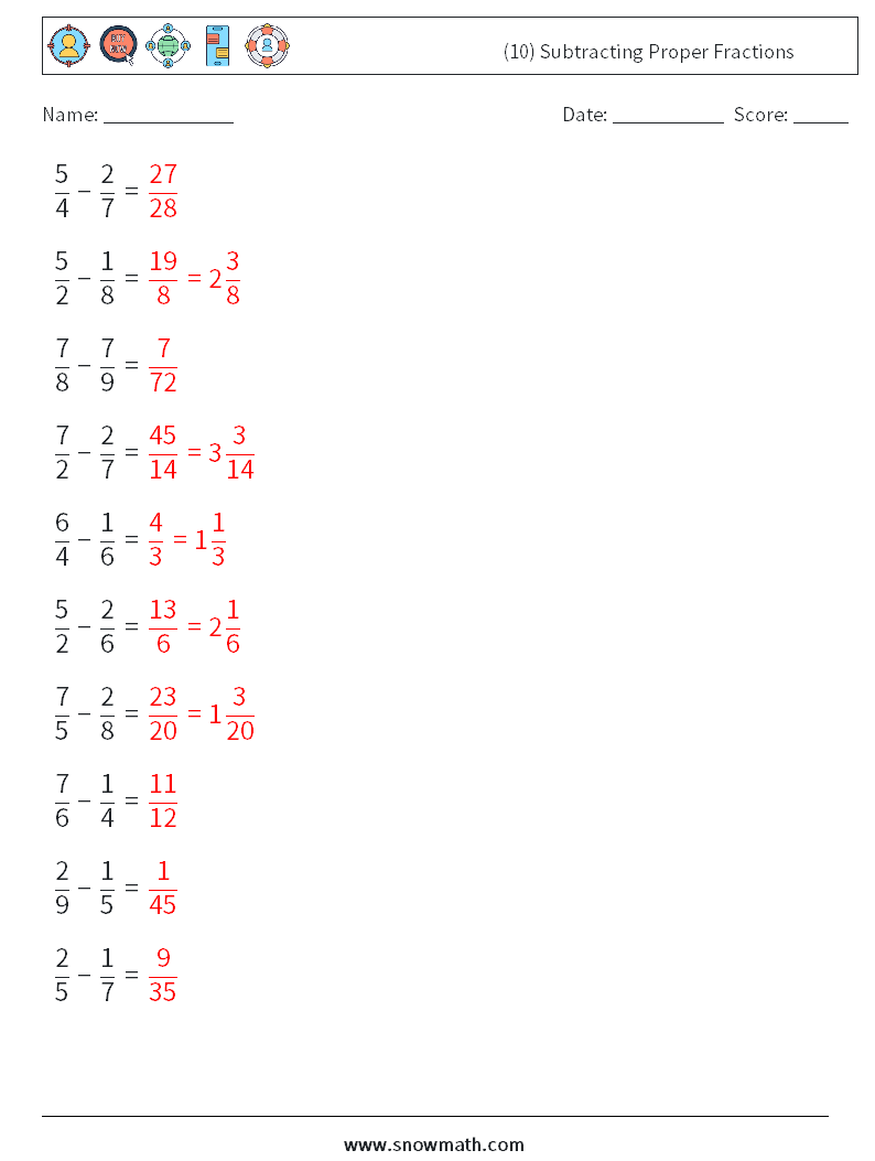 (10) Subtracting Proper Fractions Math Worksheets 15 Question, Answer
