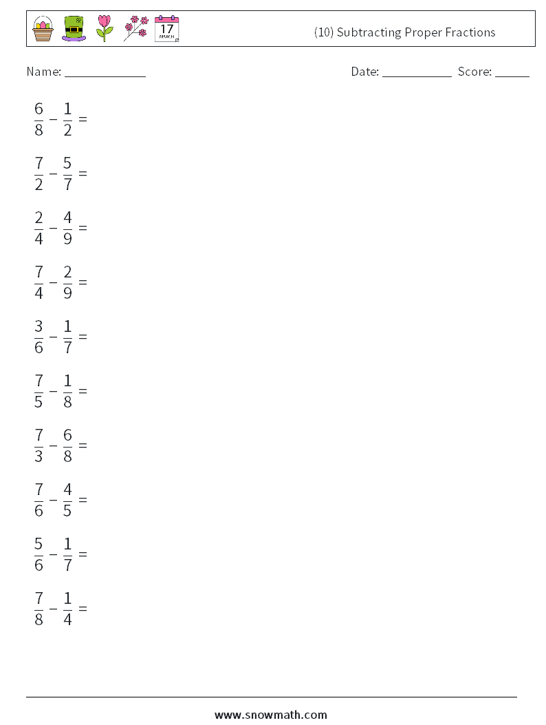 (10) Subtracting Proper Fractions Math Worksheets 16
