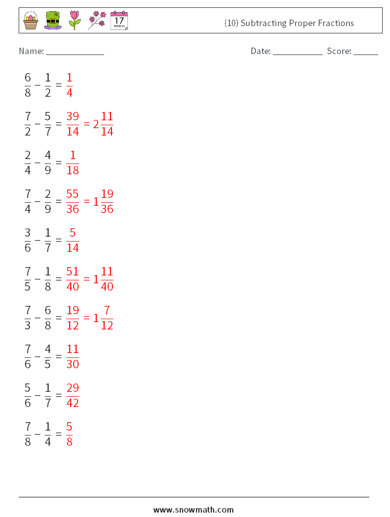 (10) Subtracting Proper Fractions Math Worksheets 16 Question, Answer