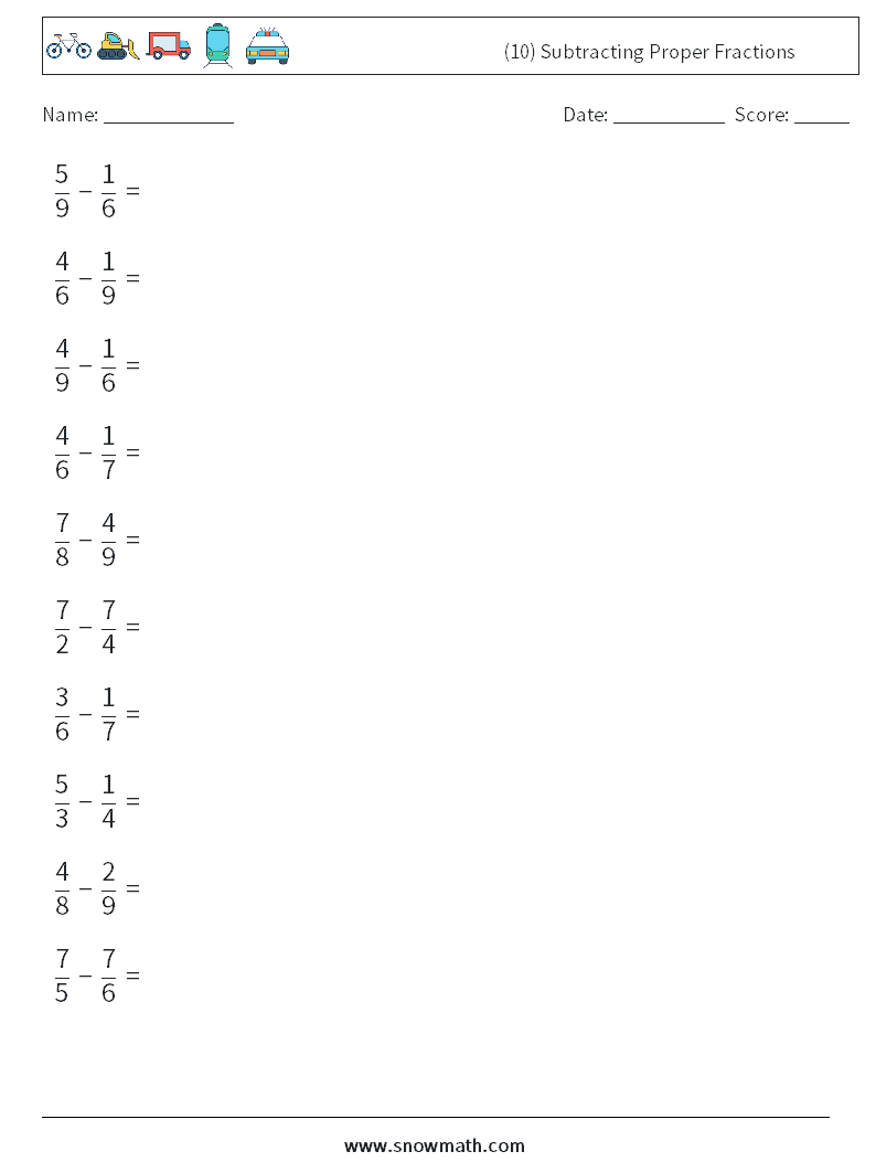(10) Subtracting Proper Fractions Math Worksheets 17