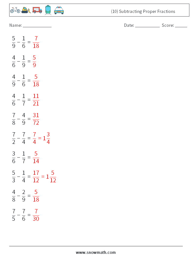 (10) Subtracting Proper Fractions Math Worksheets 17 Question, Answer