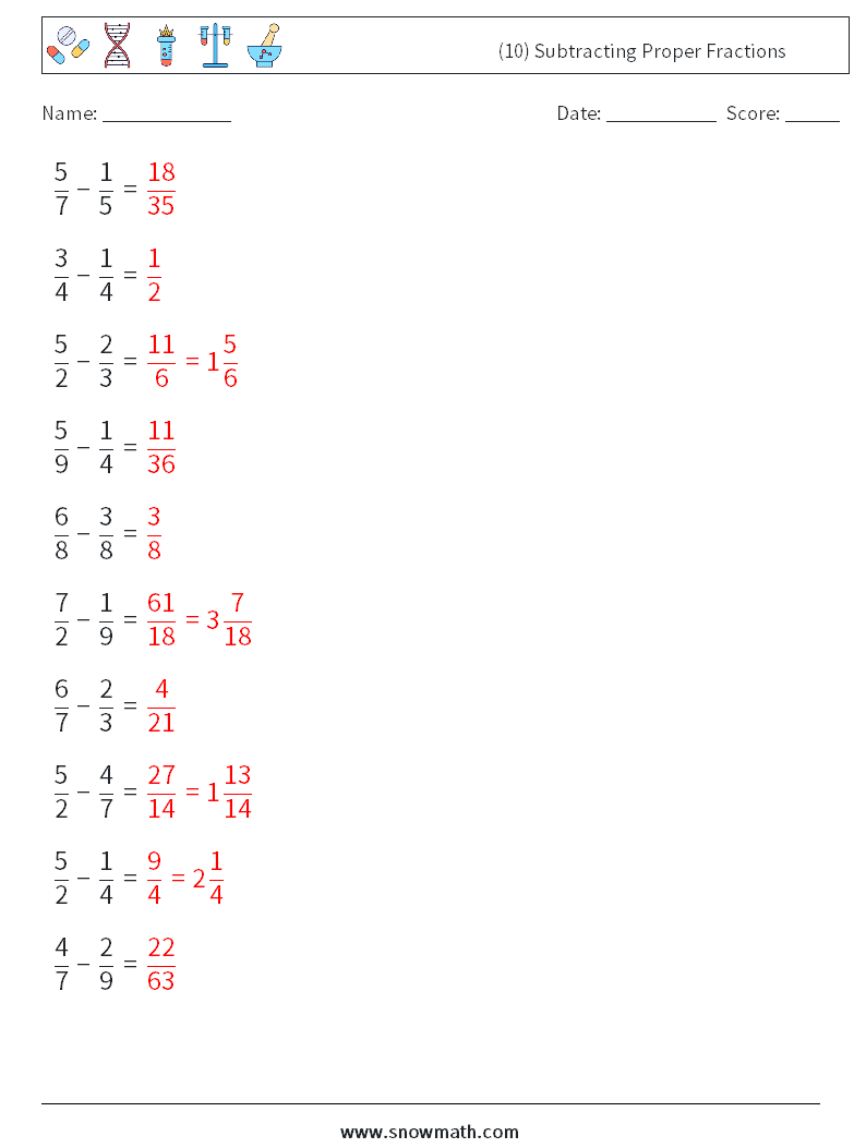 (10) Subtracting Proper Fractions Math Worksheets 18 Question, Answer