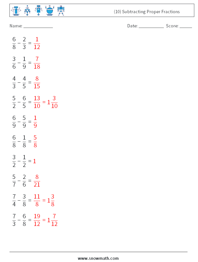 (10) Subtracting Proper Fractions Math Worksheets 2 Question, Answer