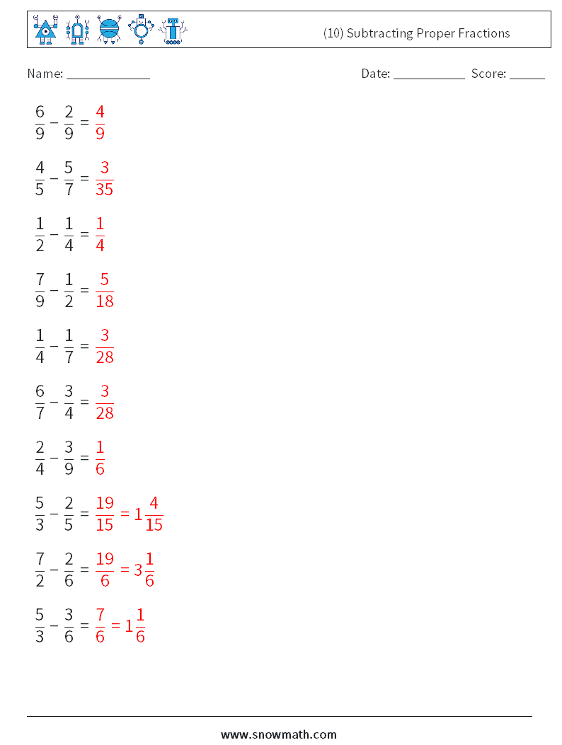 (10) Subtracting Proper Fractions Math Worksheets 3 Question, Answer