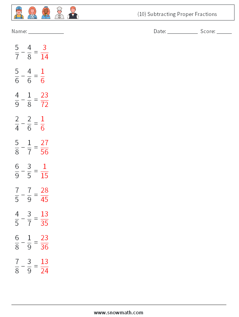 (10) Subtracting Proper Fractions Math Worksheets 4 Question, Answer