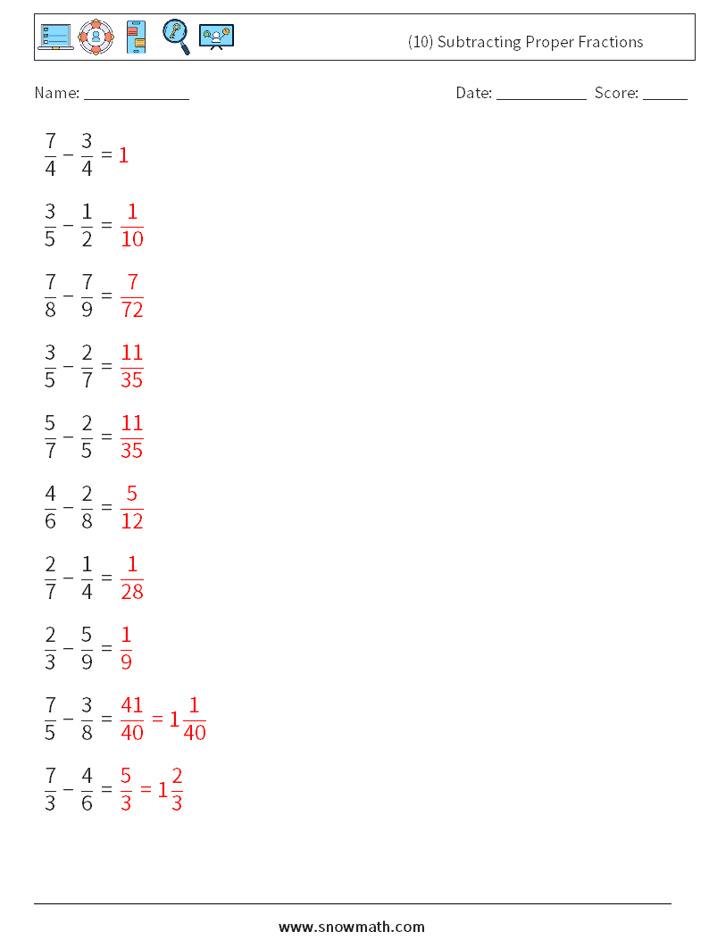 (10) Subtracting Proper Fractions Math Worksheets 5 Question, Answer