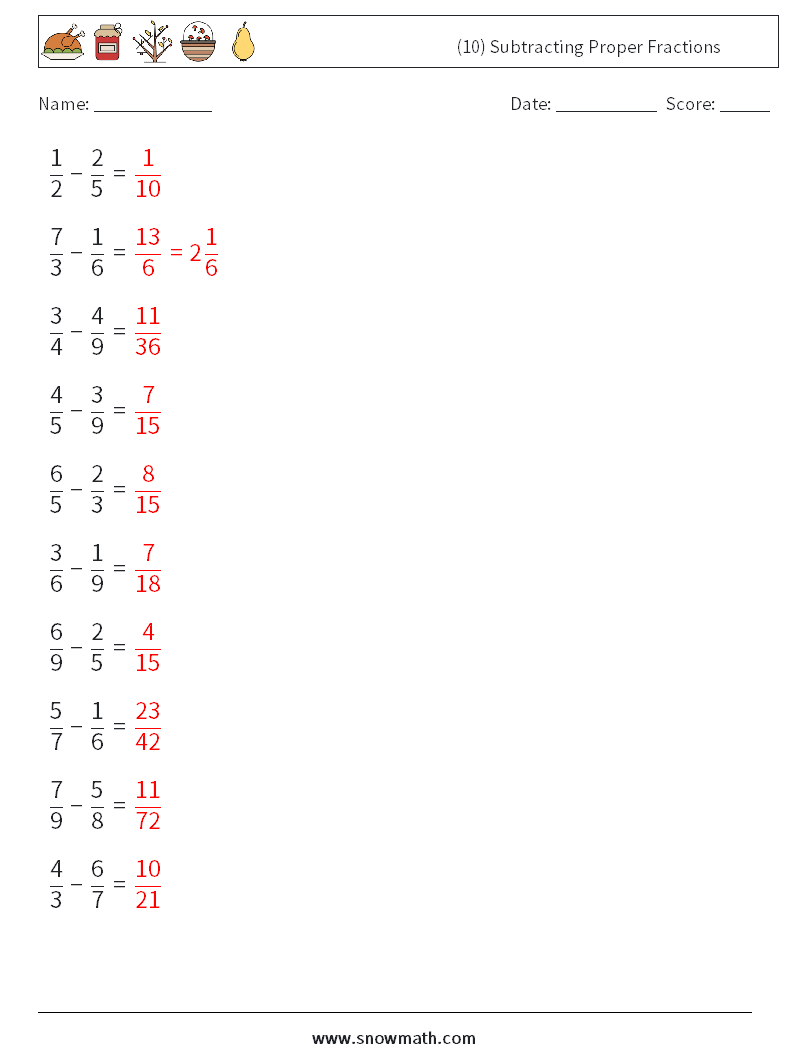 (10) Subtracting Proper Fractions Math Worksheets 6 Question, Answer