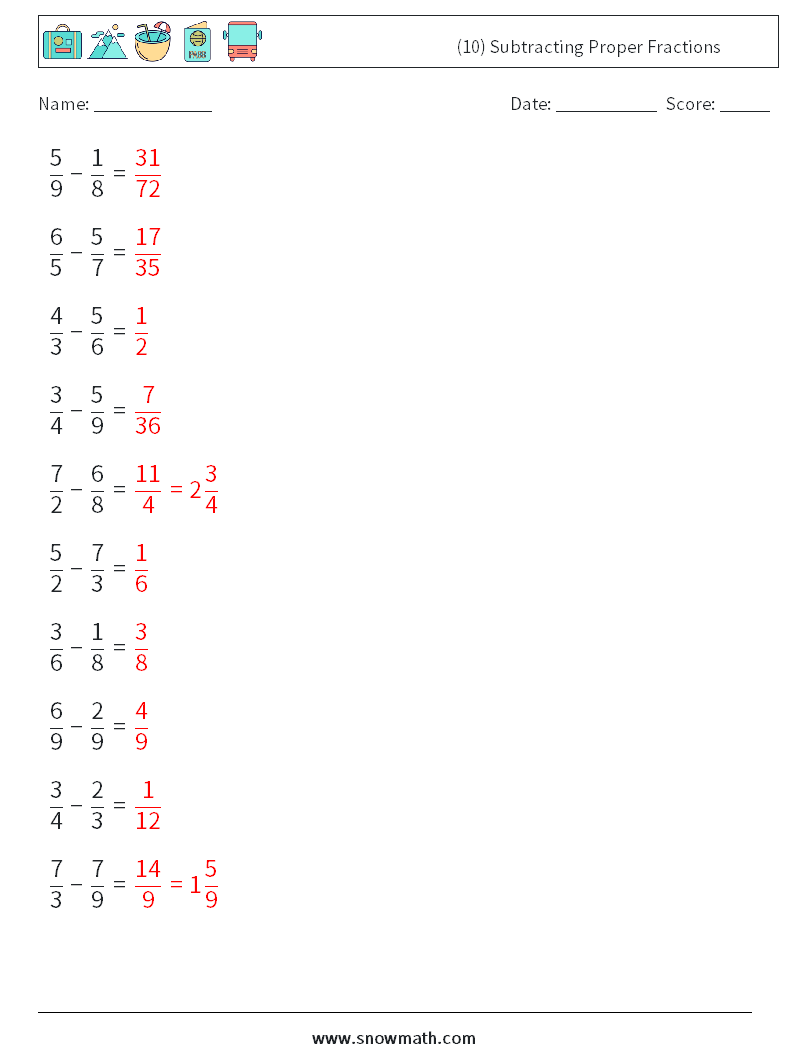 (10) Subtracting Proper Fractions Math Worksheets 8 Question, Answer