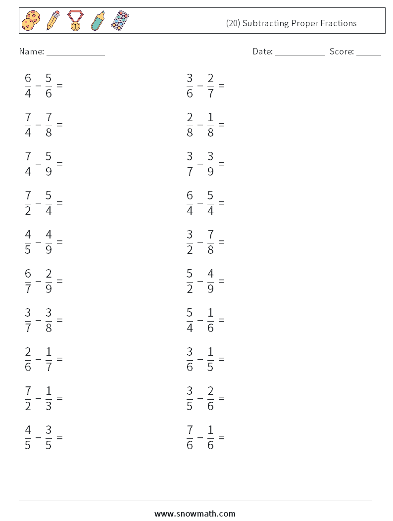 (20) Subtracting Proper Fractions Math Worksheets 1