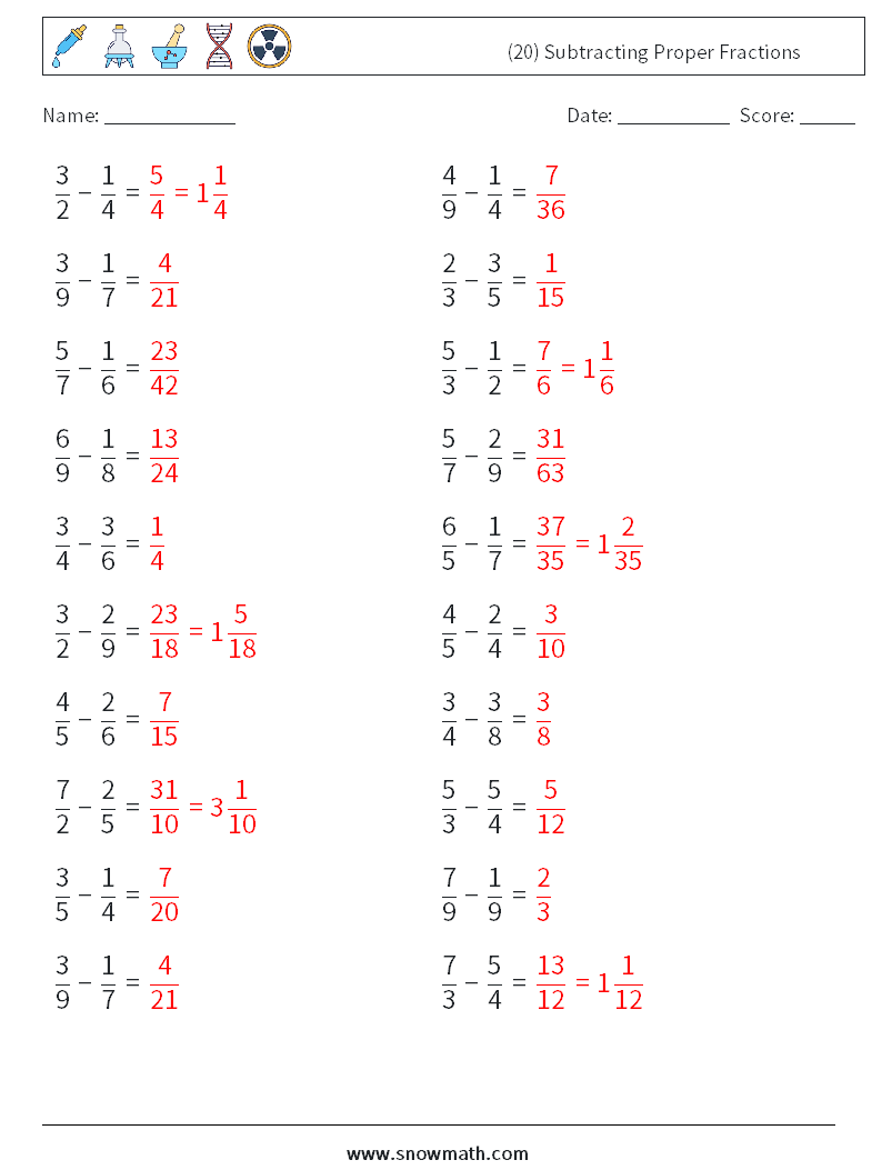 (20) Subtracting Proper Fractions Math Worksheets 10 Question, Answer
