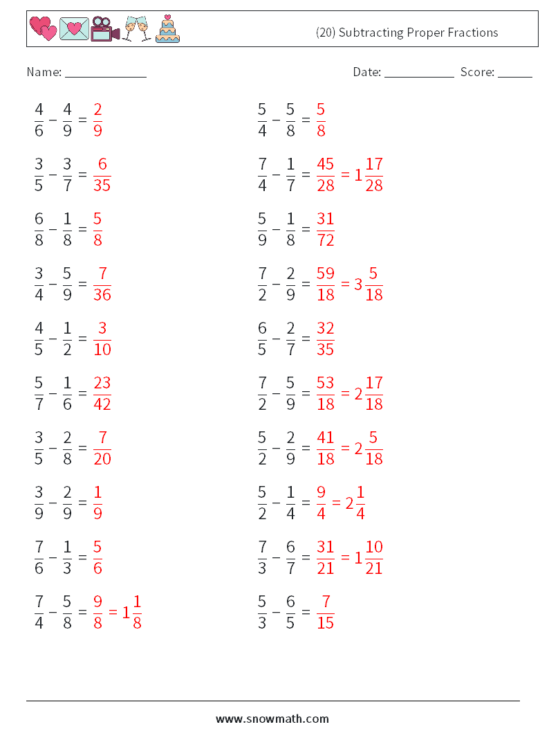 (20) Subtracting Proper Fractions Math Worksheets 11 Question, Answer