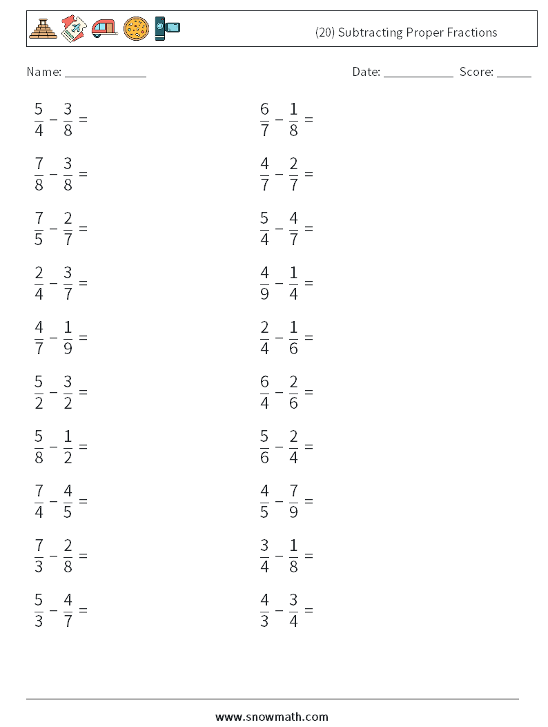 (20) Subtracting Proper Fractions Math Worksheets 12