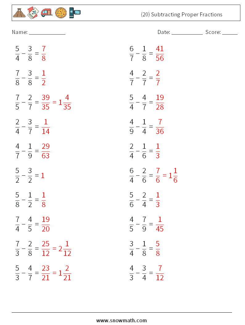 (20) Subtracting Proper Fractions Math Worksheets 12 Question, Answer