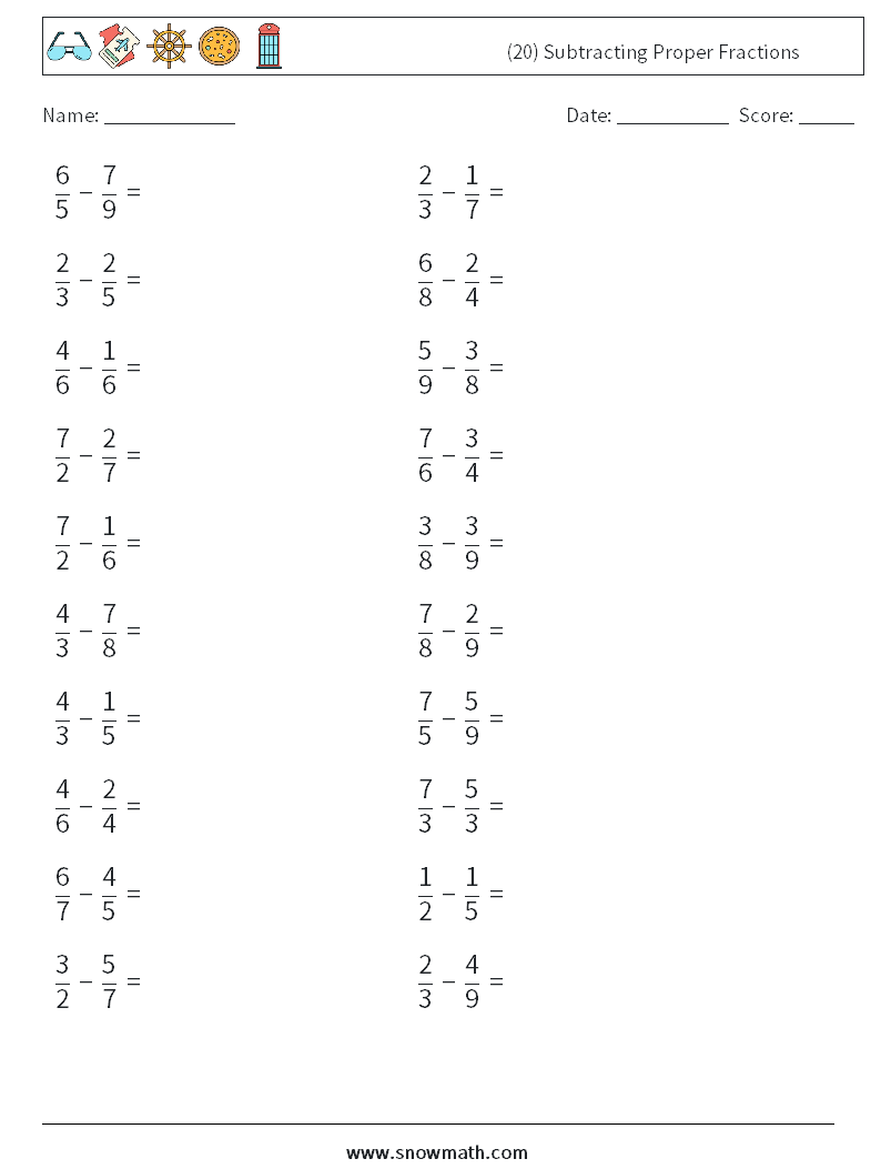 (20) Subtracting Proper Fractions Math Worksheets 13