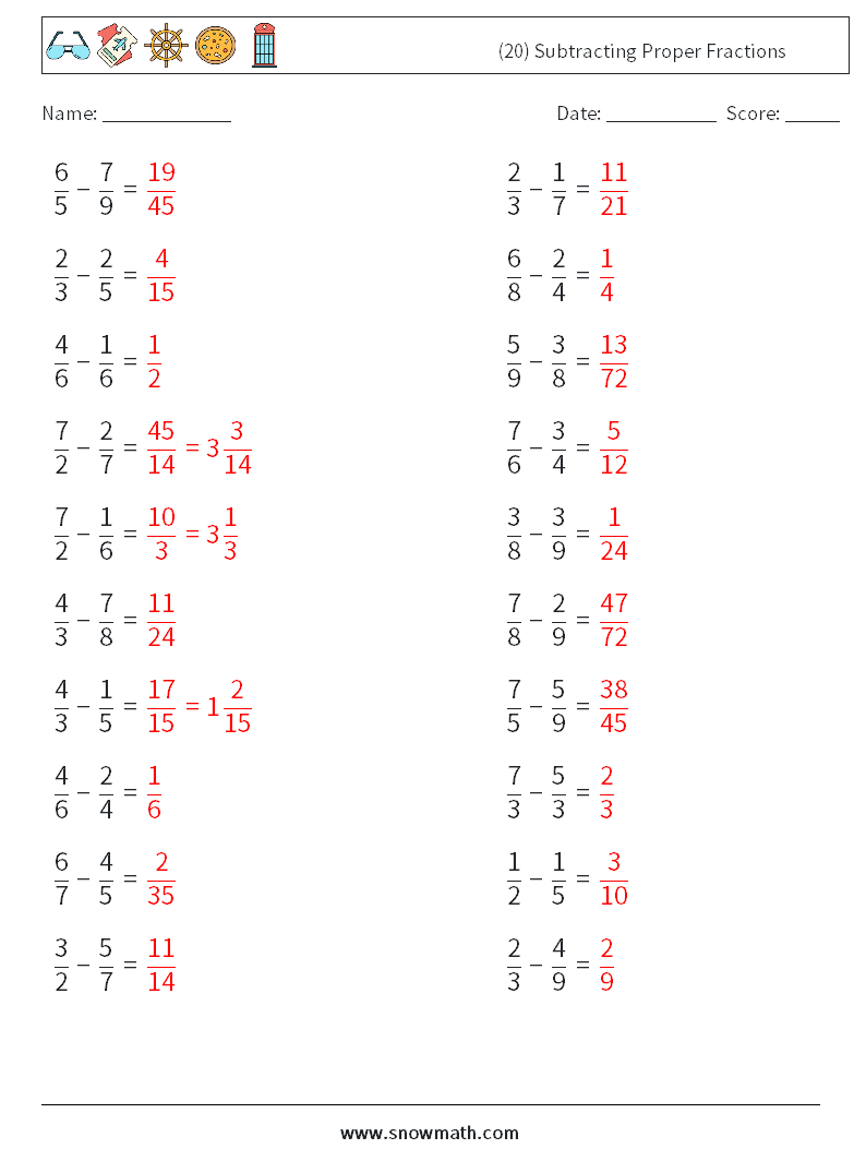 (20) Subtracting Proper Fractions Math Worksheets 13 Question, Answer