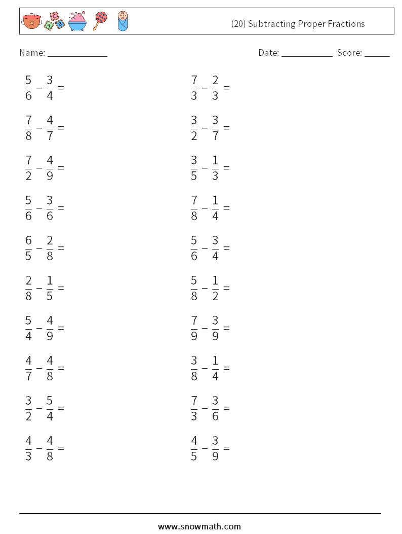 (20) Subtracting Proper Fractions Math Worksheets 14