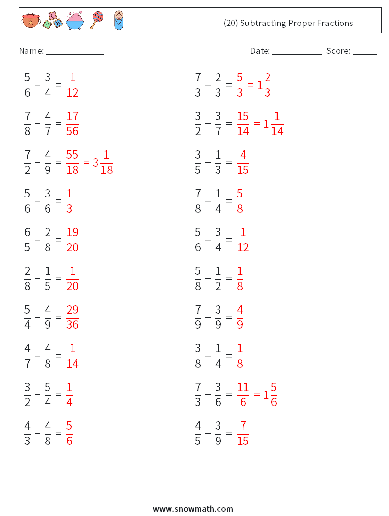 (20) Subtracting Proper Fractions Math Worksheets 14 Question, Answer