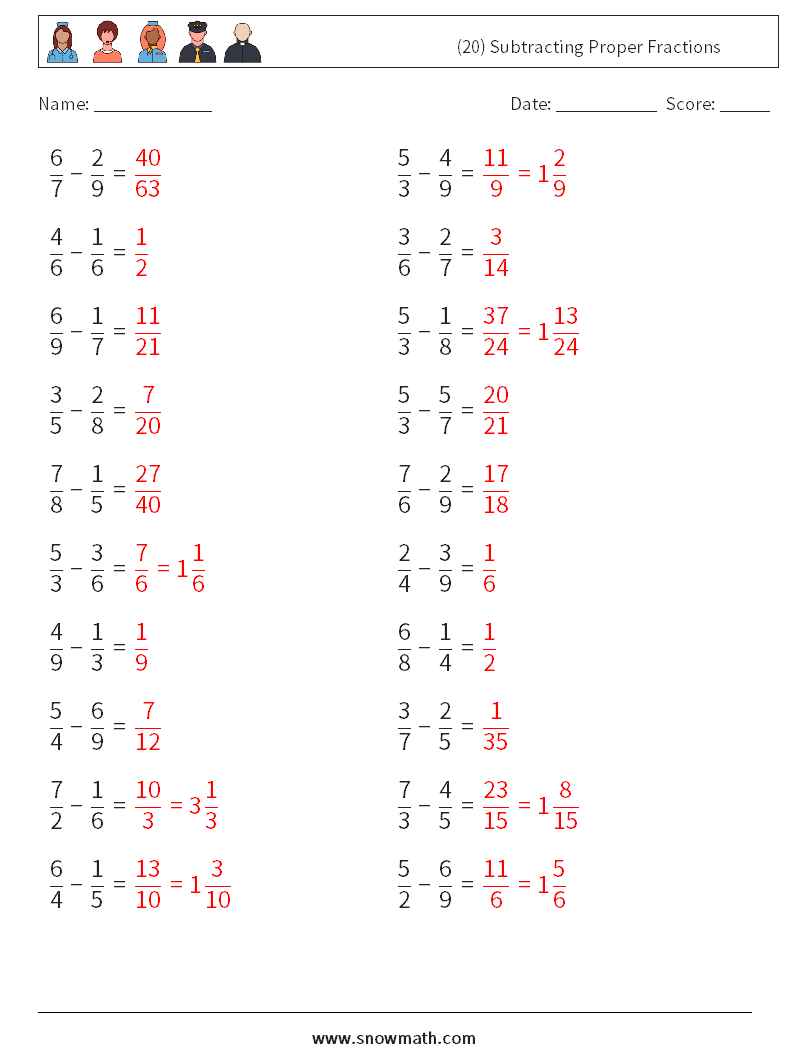 (20) Subtracting Proper Fractions Math Worksheets 15 Question, Answer