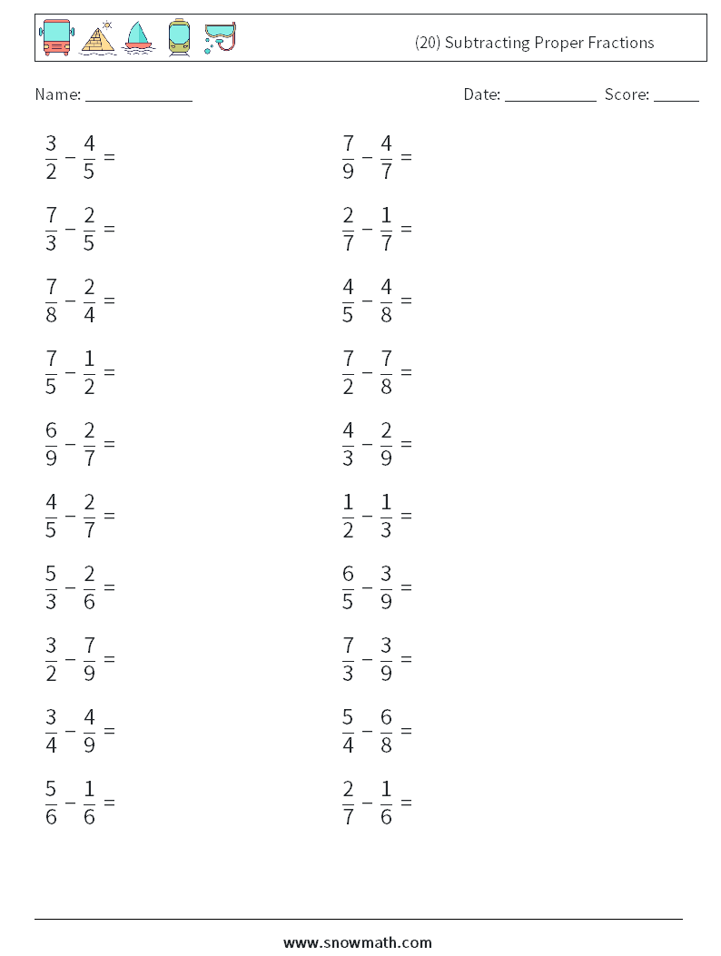 (20) Subtracting Proper Fractions Math Worksheets 16