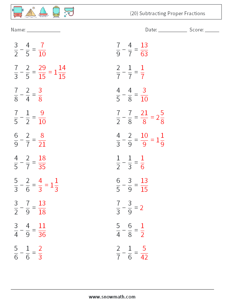 (20) Subtracting Proper Fractions Math Worksheets 16 Question, Answer