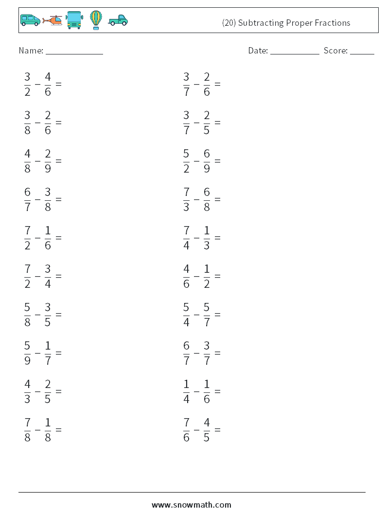 (20) Subtracting Proper Fractions Math Worksheets 17