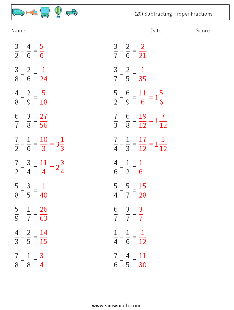 (20) Subtracting Proper Fractions Math Worksheets 17 Question, Answer