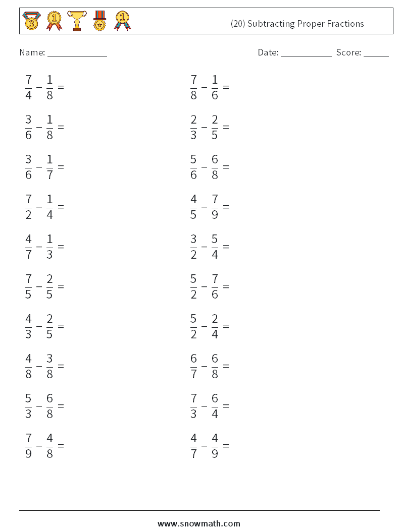 (20) Subtracting Proper Fractions Math Worksheets 18