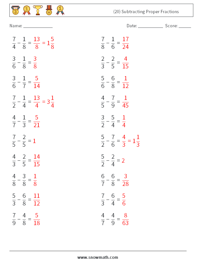 (20) Subtracting Proper Fractions Math Worksheets 18 Question, Answer
