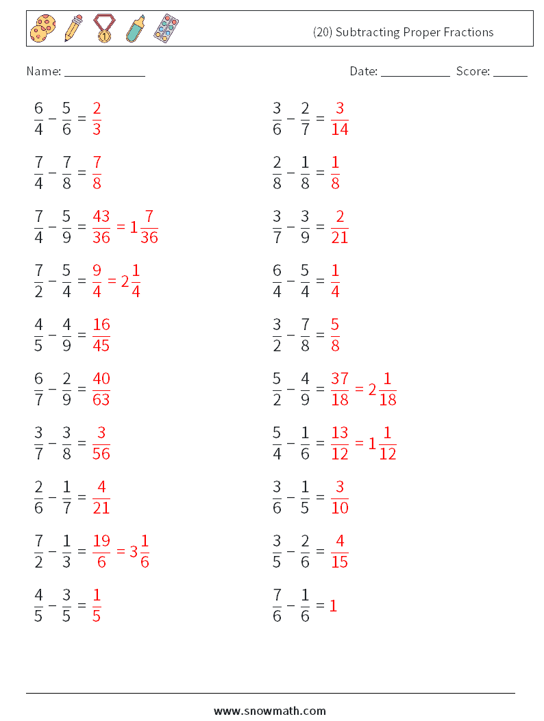 (20) Subtracting Proper Fractions Math Worksheets 1 Question, Answer