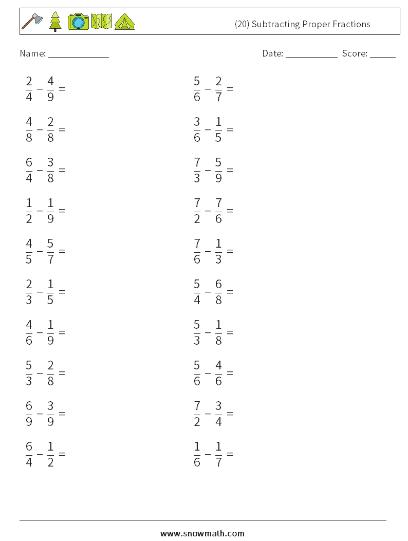 (20) Subtracting Proper Fractions Math Worksheets 2