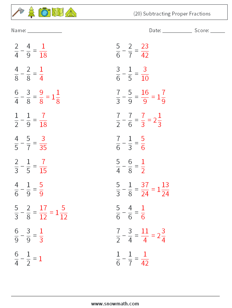 (20) Subtracting Proper Fractions Math Worksheets 2 Question, Answer