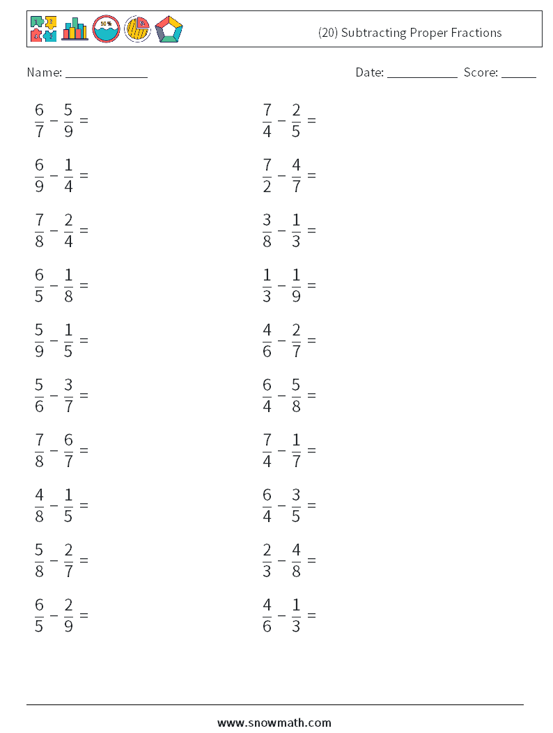 (20) Subtracting Proper Fractions Math Worksheets 3