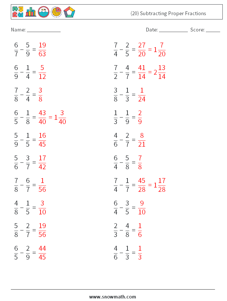 (20) Subtracting Proper Fractions Math Worksheets 3 Question, Answer
