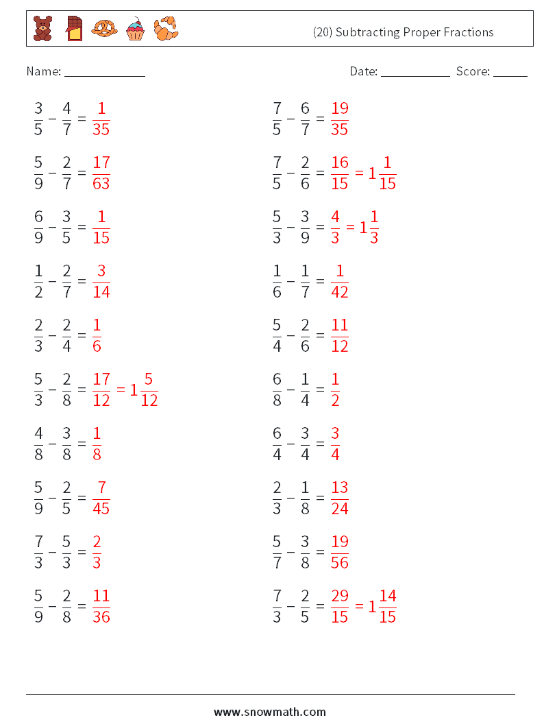 (20) Subtracting Proper Fractions Math Worksheets 4 Question, Answer