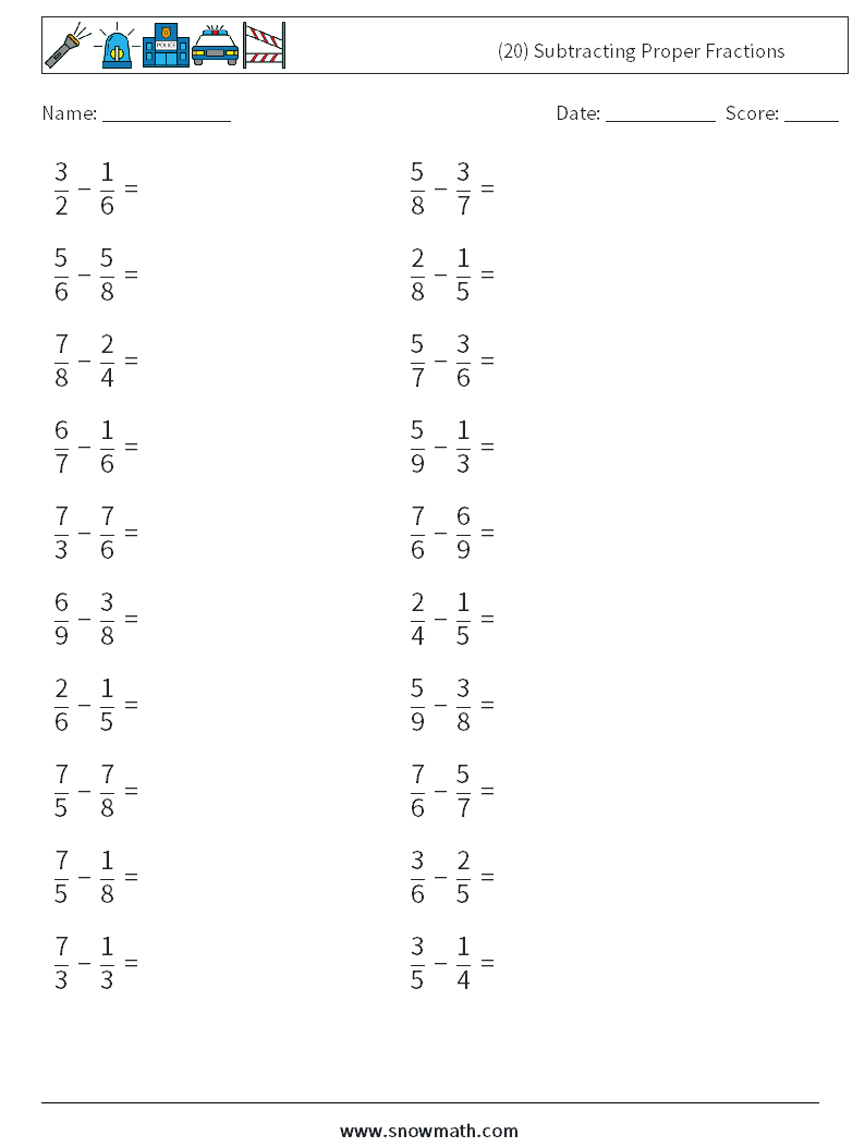 (20) Subtracting Proper Fractions Math Worksheets 5