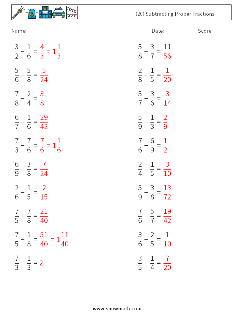 (20) Subtracting Proper Fractions Math Worksheets 5 Question, Answer