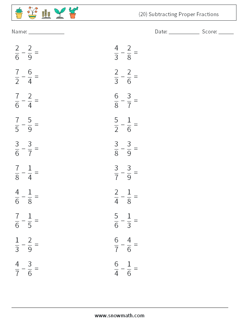 (20) Subtracting Proper Fractions Math Worksheets 6