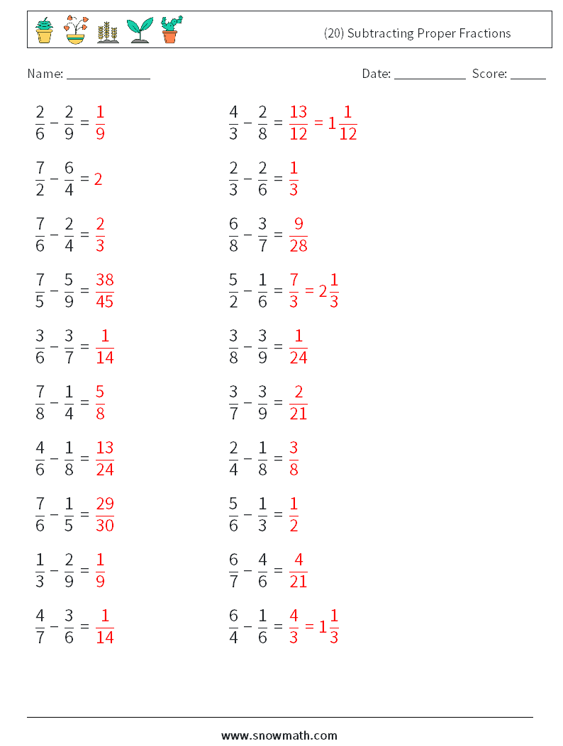 (20) Subtracting Proper Fractions Math Worksheets 6 Question, Answer