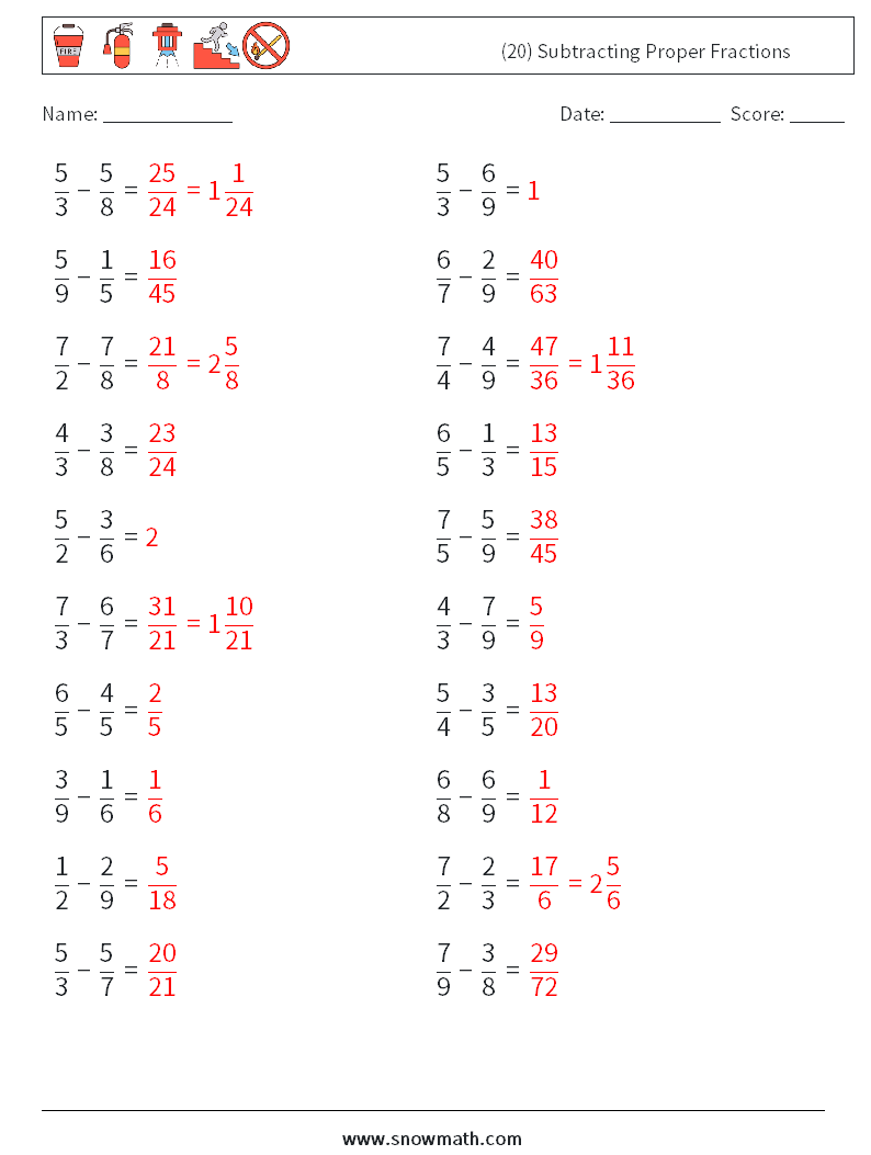 (20) Subtracting Proper Fractions Math Worksheets 7 Question, Answer