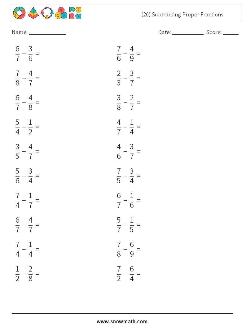 (20) Subtracting Proper Fractions Math Worksheets 8